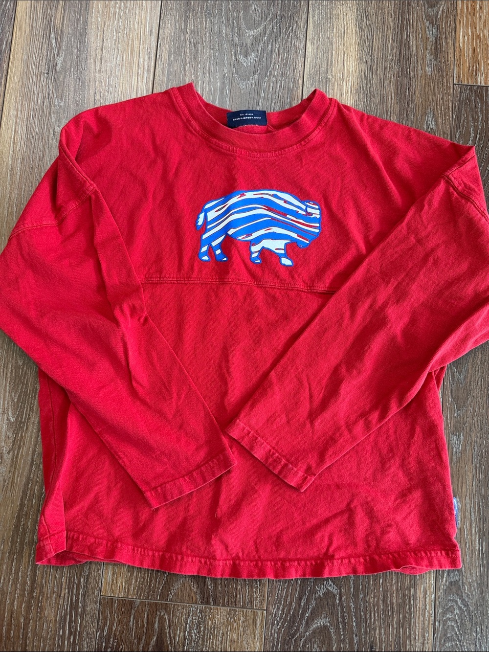 Red Long-Sleeve Kids Spirit Jersey with Red and Blue Buffalo Print